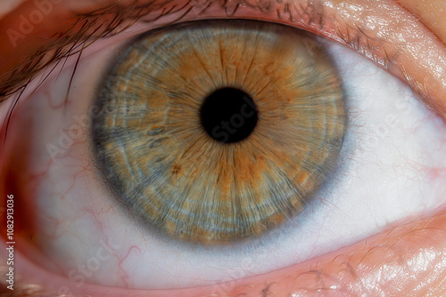 Macro close-up of a beautiful human eye, showcasing vibrant details and intricate texture...