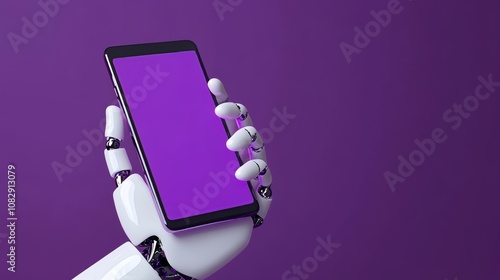 The hand of a futuristic robot holds a smartphone with a blank screen. The screen is blank and there is room for text. Artificial intelligence generates the text.