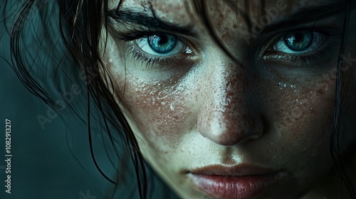 A close up of a woman with dark hair and blue eyes Her skin is wet and her expression is determined and intense.  Her lips are slightly parted.  She appears to be looking intently at something just ou photo