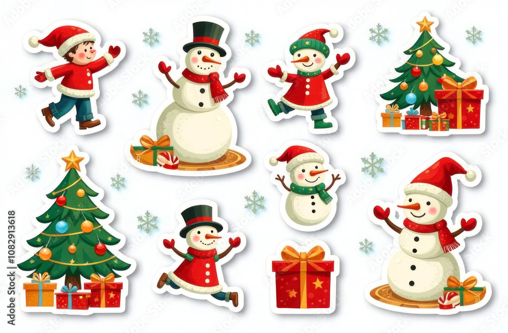 A collection of festive Christmas stickers displaying joyful characters, decorated trees, and wrapped gifts A collection of festive Christmas stickers displaying joyful characters, decorated trees, and wrapped gifts