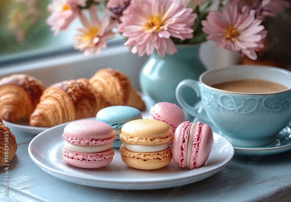 A cup of coffee, croissants and macarons on a table near a window. A cup of coffee, croissants and macarons on a table near a window.