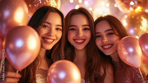 Three friends celebrating with pink balloons and lights, capturing joyful moments and festive spirit in a vibrant atmosphere.