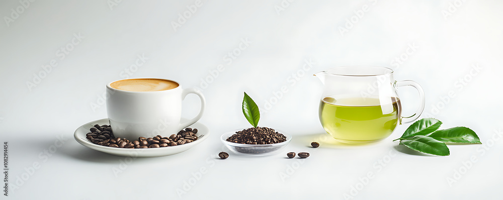Obraz premium cup of coffee and cup of tea with leaves and beans, tea vs coffee, caffeine or antioxidant benefit or harm, morning beverage banner, world international tea coffee day
