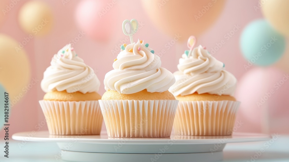 Three vanilla cupcakes with white frosting on a plate, decorated with pastel balloons in the background, creating a celebratory vibe. Three vanilla cupcakes with white frosting on a plate, decorated with pastel balloons in the background, creating a celebratory vibe.