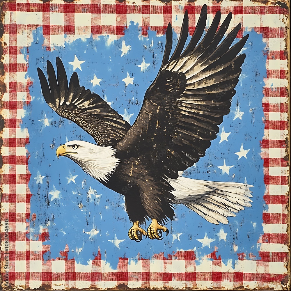 Naklejka premium Bald Eagle Soaring Over a Distressed American Flag