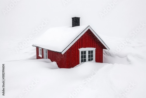 A small, red cabin is almost completely buried in snow during a blizzard, only the roof and chimney are visible.