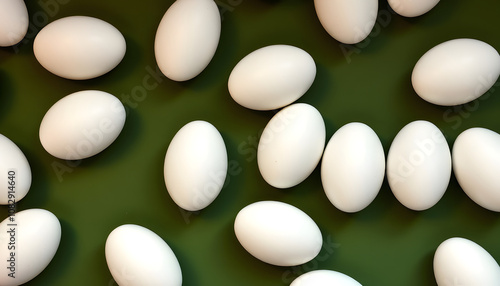 Flat lay of white naural organic eco hen eggs organized on dark olive green background in pattern with white shades, png photo