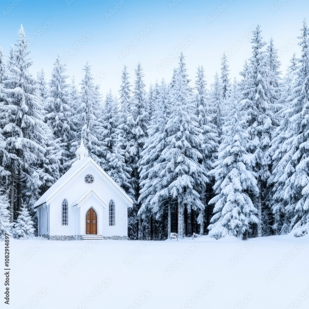 A small white chapel stands in a snowy forest, with tall pine trees covered in fresh snow. A small white chapel stands in a snowy forest, with tall pine trees covered in fresh snow.