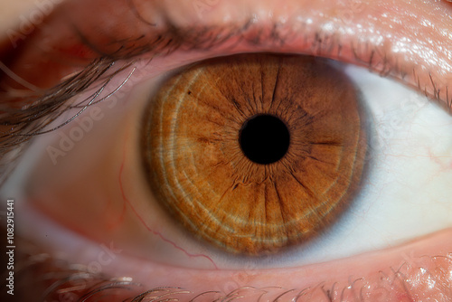Macro close-up of a human eye with a brown iris and vibrant yellow fibers, showcasing intricate details and natural texture...