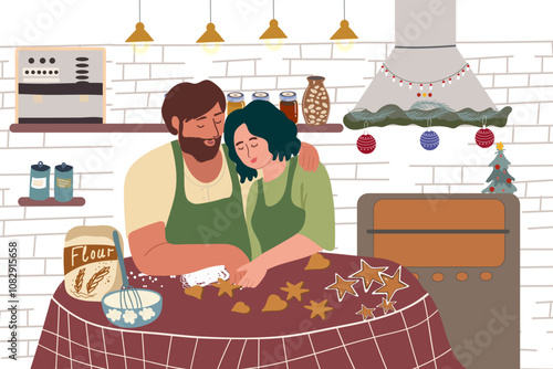 Couple cooking bakery, baking ginger cookies for Christmas at home kitchen. People making gingerbread together for Xmas winter holiday. Hand drawn vector illustration
