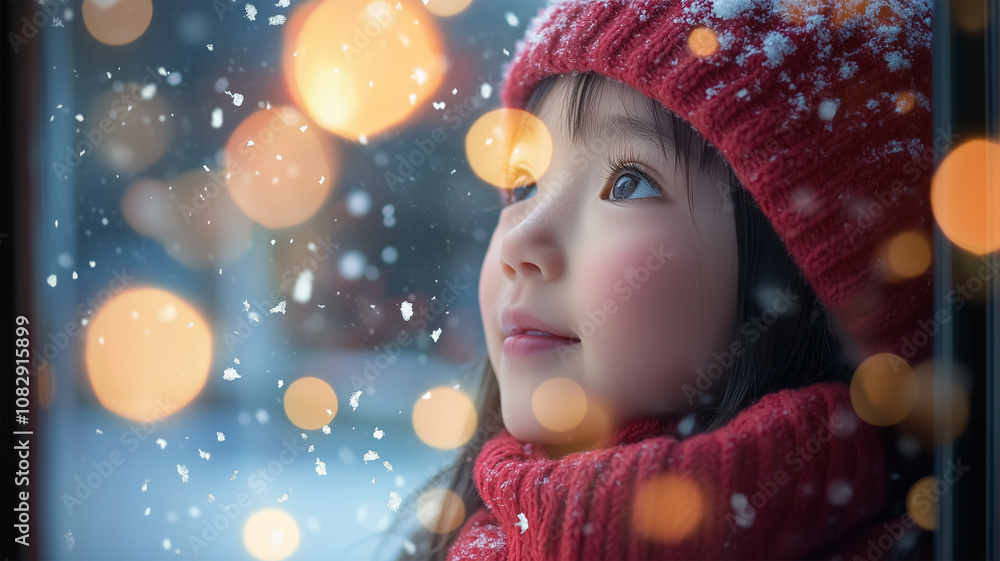 冬の窓辺で微笑む少女 冬の窓辺で微笑む少女