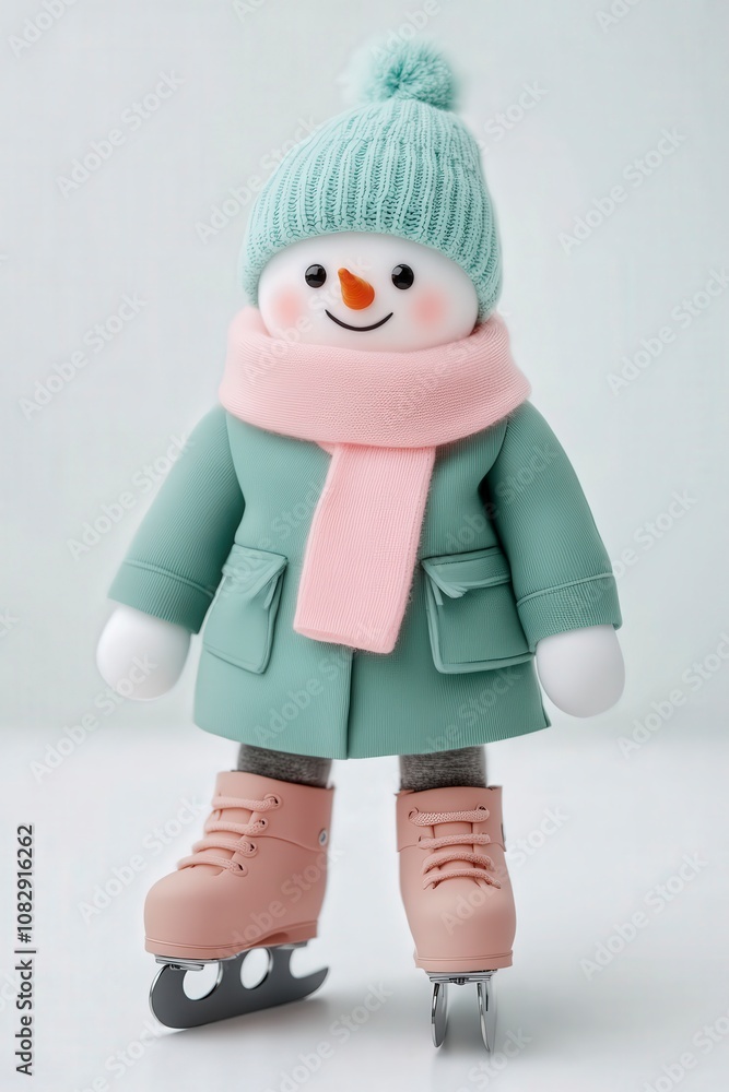 A snowman wearing a green coat, pink scarf and hat, and pink ice skates stands on a white background. A snowman wearing a green coat, pink scarf and hat, and pink ice skates stands on a white background.