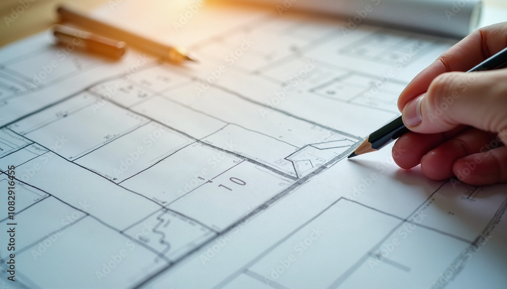 Creative mind at work during a sunny afternoon sketching architectural plans on a desk with tools in hand Creative mind at work during a sunny afternoon sketching architectural plans on a desk with tools in hand