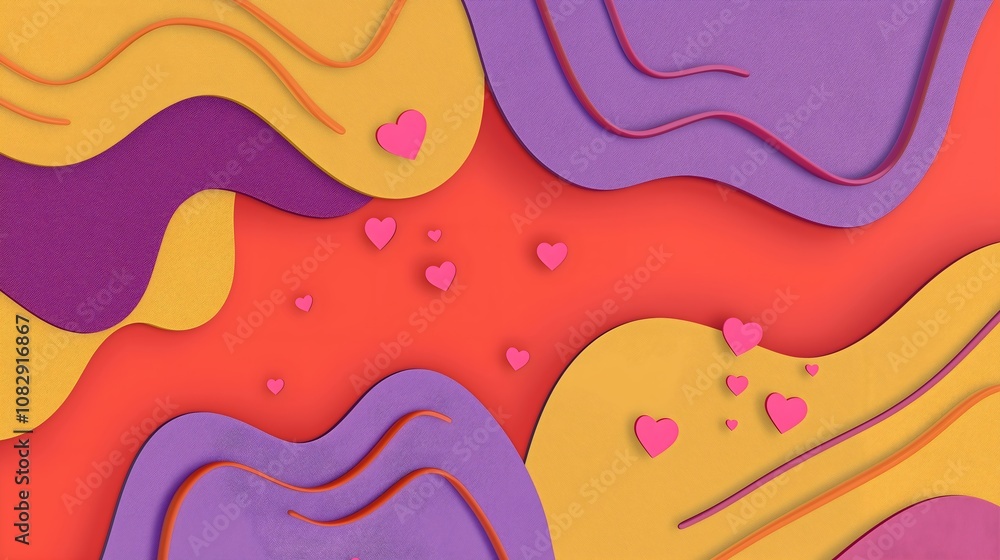 Wavy pattern with floating hearts in purple, red and yellow colors. horizontal banner for Valentine's Day marketing, wedding design, romantic event, fashion brand, love themed social media, copy space Wavy pattern with floating hearts in purple, red and yellow colors. horizontal banner for Valentine's Day marketing, wedding design, romantic event, fashion brand, love themed social media, copy space