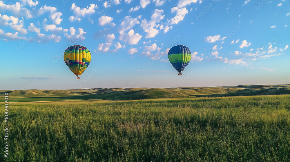 Obraz premium 青空と緑のフィールド上に浮かぶ熱気球