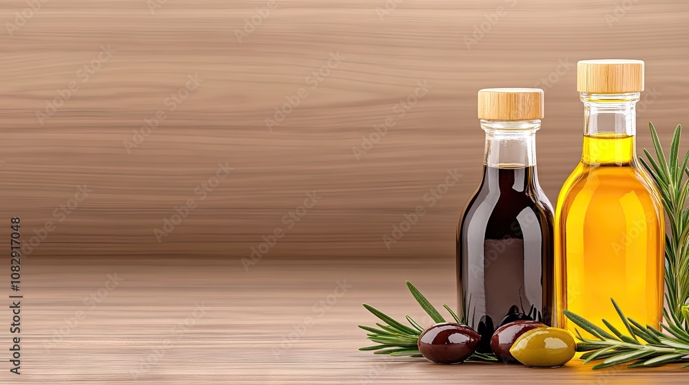 Elegant olive oil and balsamic vinegar bottles surrounded by olives and fresh rosemary on a rustic wooden kitchen surface Elegant olive oil and balsamic vinegar bottles surrounded by olives and fresh rosemary on a rustic wooden kitchen surface