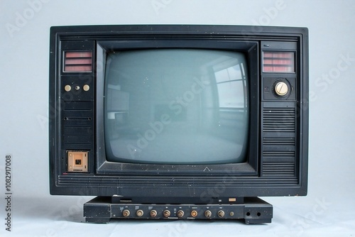 An old black CRT TV VCR combo unit on a white background with isolation path. photo