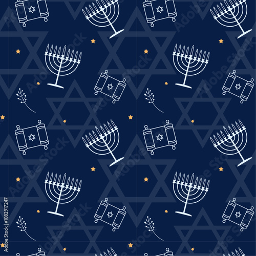 Happy Hanukkah Seamless Pattern with traditional holiday symbols.Hanukkah background with holiday candles and David stars. 