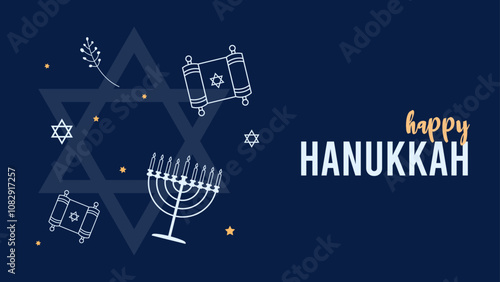 Happy Hanukkah Jewish Holiday Social Media Post Template.Hanukkah background with holiday candles and David stars. Modern paper cut design for Jewish Festival of light. Place for your text