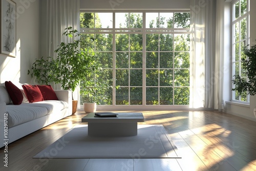 Bright and inviting living room with large windows and cozy furnishings in a ...