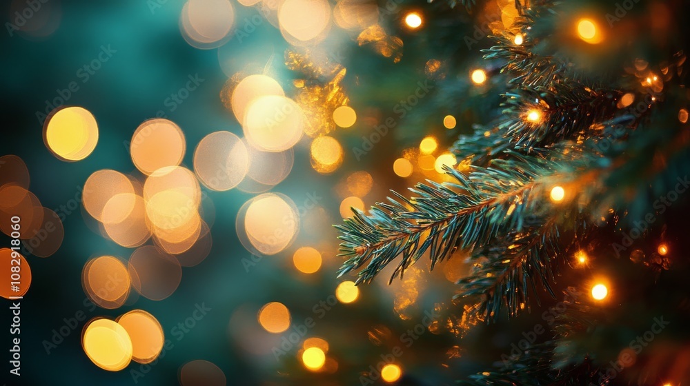 A close up view of a Christmas tree branch adorned with glowing lights during the holiday season A close up view of a Christmas tree branch adorned with glowing lights during the holiday season