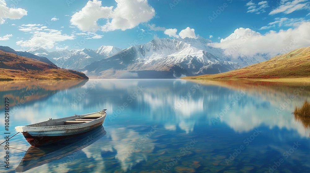 A small boat anchored near a pristine lake, with still water reflecting the sky and nearby mountains, creating a calm and serene travel moment. A small boat anchored near a pristine lake, with still water reflecting the sky and nearby mountains, creating a calm and serene travel moment.