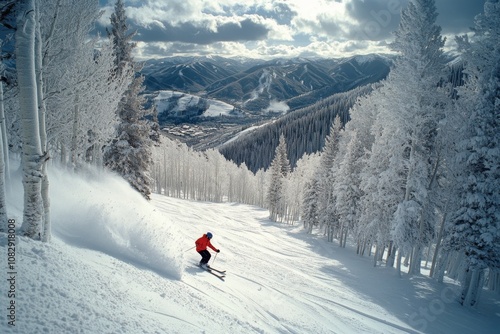 Skiing down a beautiful snowy slope in the mountains during a bright winter day