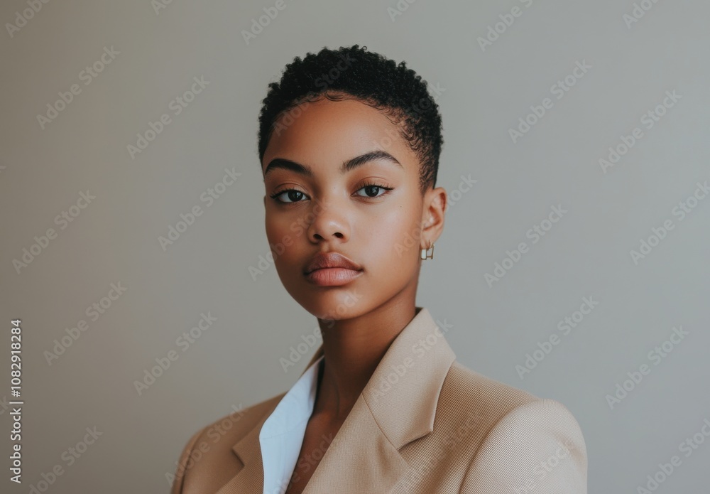 Black woman in her late thirties, with short hair in a side part and a subtle smile Black woman in her late thirties, with short hair in a side part and a subtle smile