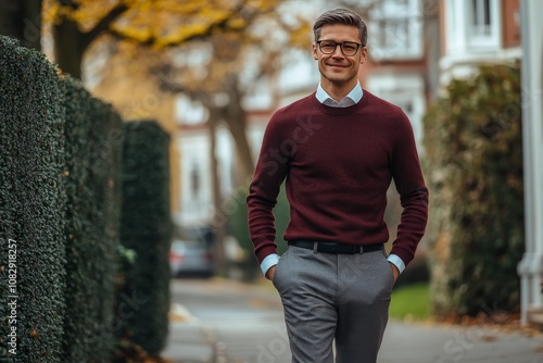 Man in a brown sweater walks confidently down a quaint autumn street lined wi...