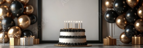 Celebratory cake with candles surrounded by balloons and gifts in a festive i...