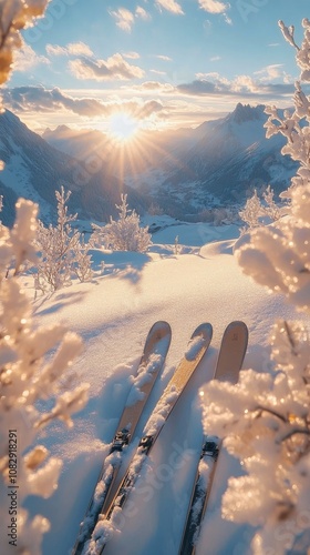 Skiing down a snow covered slope in the mountains during a clear winter after...