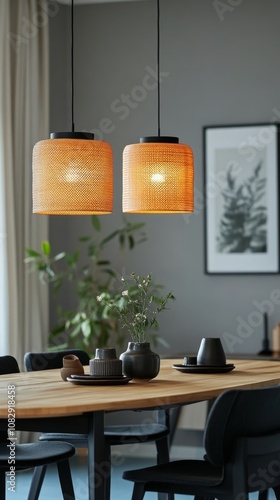 Modern dining area featuring stylish pendant lights and a natural decor in mu...