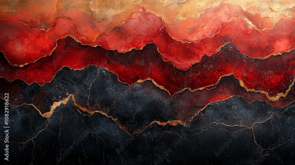 Abstract artwork featuring layered red, black, and gold textures reminiscent of mountains. Abstract artwork featuring layered red, black, and gold textures reminiscent of mountains.