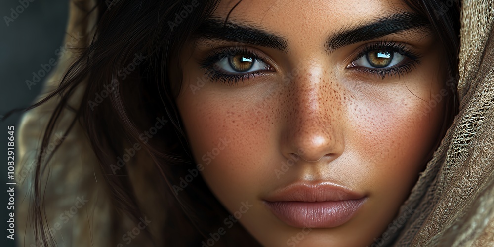 A Close-Up Portrait of a Woman With Striking Green Eyes and Freckles, Wrapped in a Light Fabric Outdoors During Golden Hour, Showcasing Natural Beauty and Warm Tones A Close-Up Portrait of a Woman With Striking Green Eyes and Freckles, Wrapped in a Light Fabric Outdoors During Golden Hour, Showcasing Natural Beauty and Warm Tones