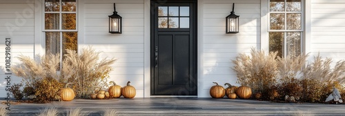Autumn decorations featuring pumpkins and lanterns on a welcoming front porch...