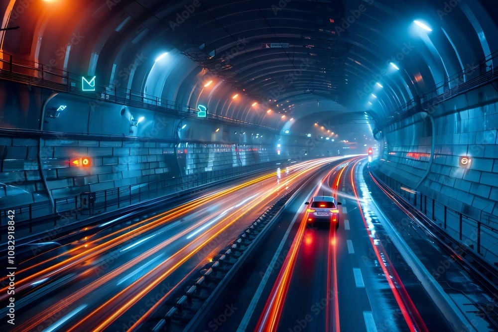 Driverless car traveling through illuminated rail tunnel. Driverless car traveling through illuminated rail tunnel.