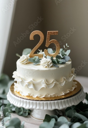 Elegant white cake topped with gold twenty five celebrating a special milesto...