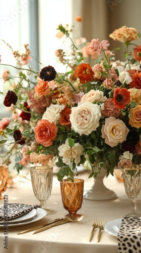 Beautiful floral arrangement on an elegant dining table during a spring gathe...