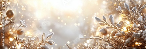 Winter landscape featuring frosted branches and glistening snow under soft su...