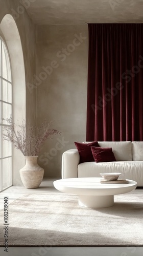 Modern living room with large windows and plants in a bright, serene environment