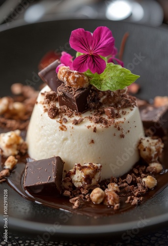 Delicate dessert served on a black plate with chocolate, caramel, and colorfu...