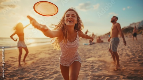 Woman throwing flying disk at beach, flying disk falling down. Friends playing frisbee game photo