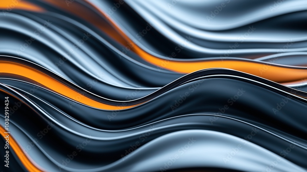 Abstract wavy metallic surface with alternating black and orange lines, creating a smooth and dynamic flowing pattern.