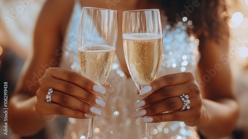 Two individuals toast with champagne glasses, celebrating a special occasion