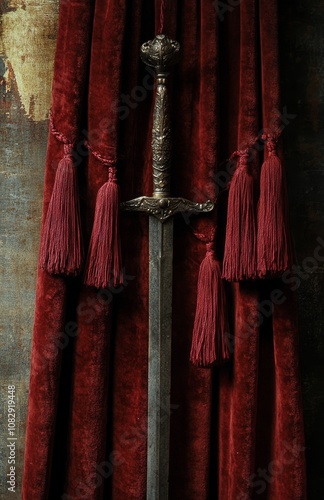 A decorative sword with tassels resting against rich red drapery in a dimly l...