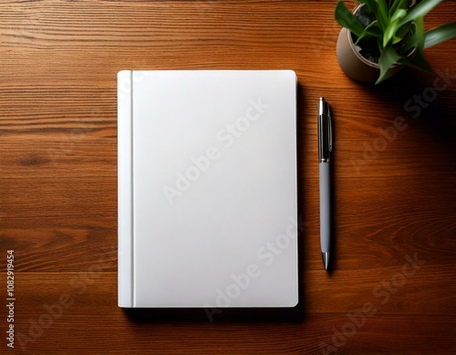 Book cover mockup blank white notebook lying down on a brown wood table with green house plant cactus and a pen top down overhead view, graphic design resource 