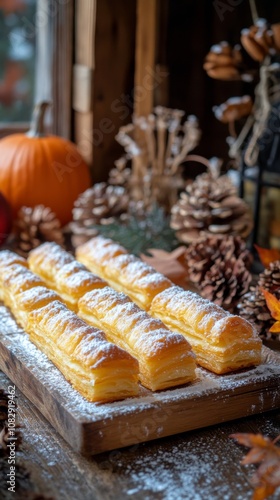 Delicious pastry dessert garnished with powdered sugar on a rustic wooden tab...