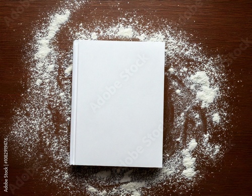 Book cover mockup blank white recipe cook baking notebook lying down on a brown wood table covered in flour from cooking top down overhead view, graphic design resource 