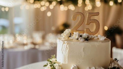 Elegant wedding cake with leafy decorations and a golden 25 topper at a celeb...