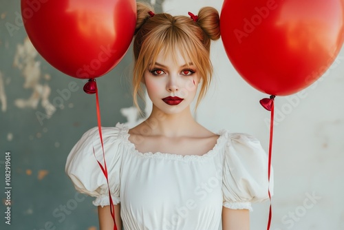 Woman holding red balloons in a playful costume against a textured background